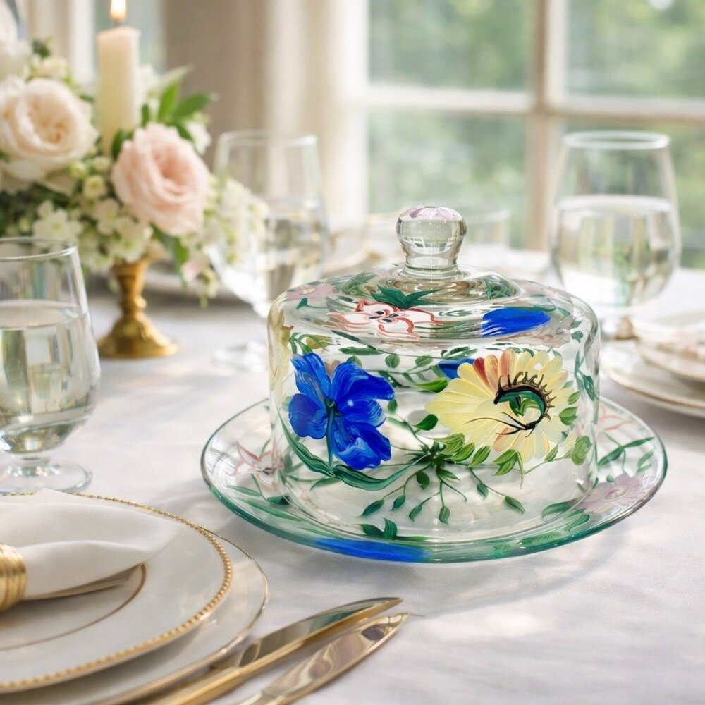 Hand-Painted Floral Glass Cloche / Cheese Dome w/ Matching 9” Plate/Pastry Cover